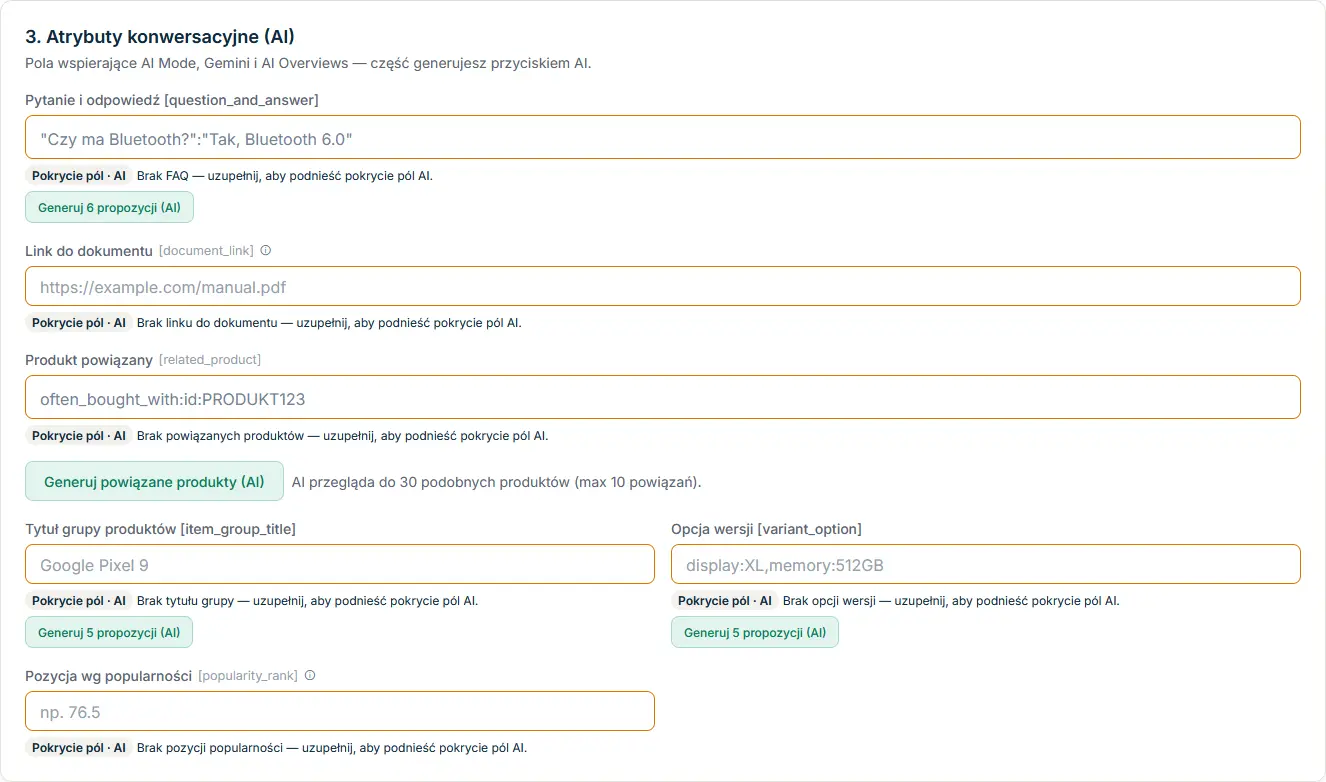 Atrybuty konwersacyjne produktu w panelu Snomi — FAQ, wyróżniki i szczegóły pod AI Google